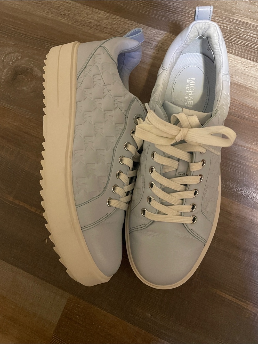 Michael Kors Pale Blue MK Embossed Platform Sneakers - Picture 2 of 9